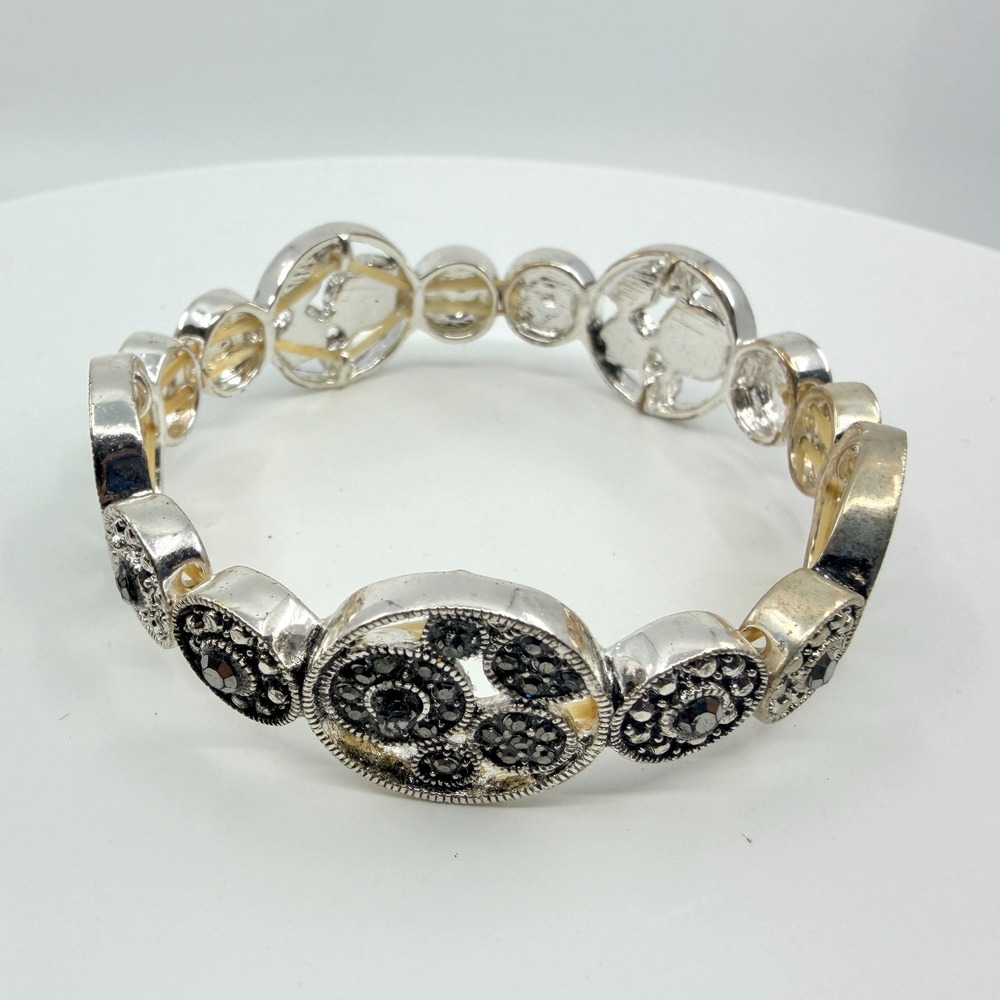 Vintage Silver Tone Black Rhinestone Marcasite Style Stretch Bracelet Art Deco